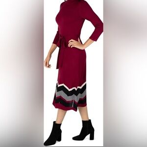 Sandra Darren Maroon Chevron Long Sleeve Dress